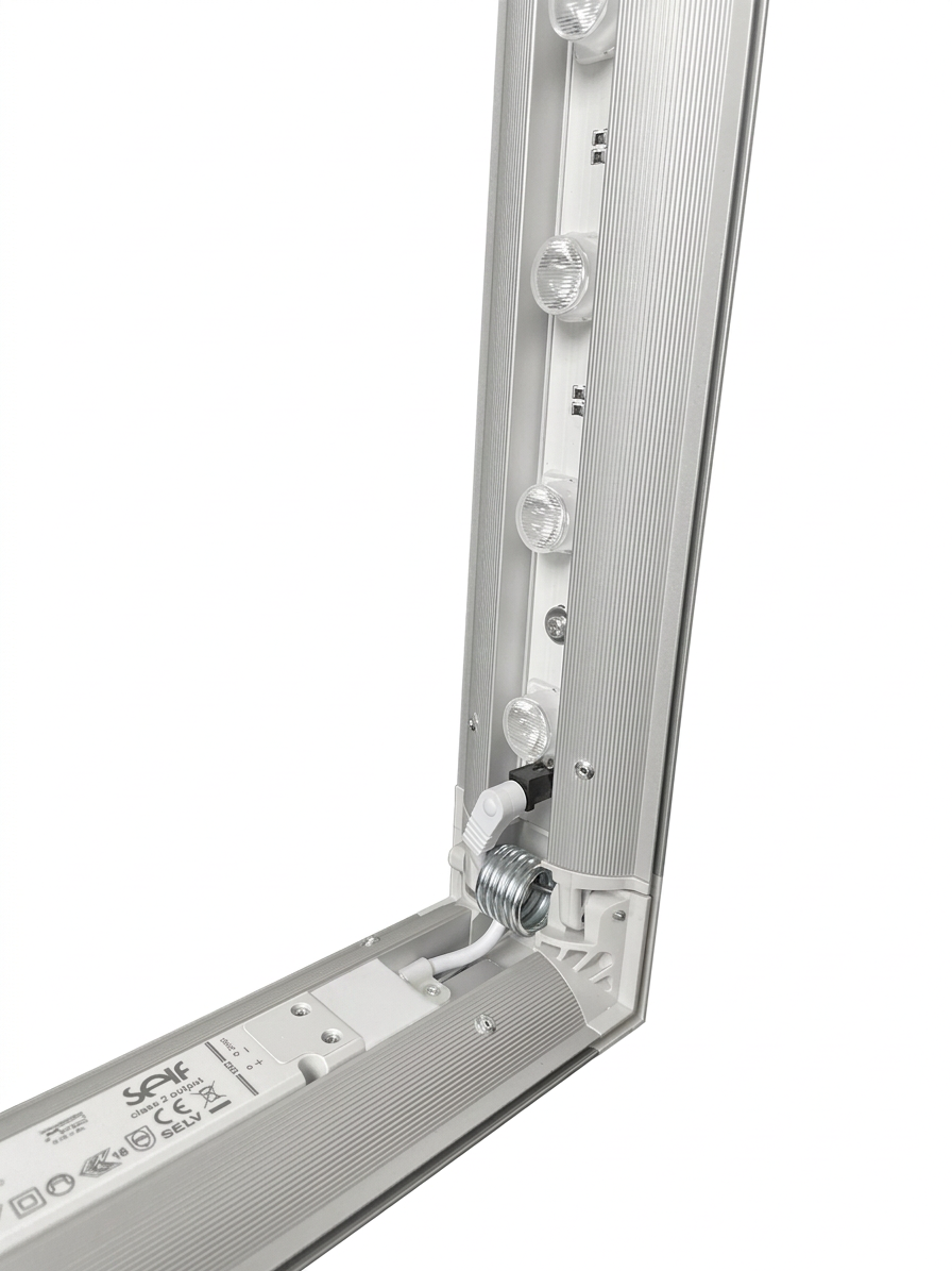 Corner detail showing aluminium frame and LED placement
